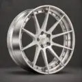 BE2-C10V bespoke multi-piece forged wheel, brushed silver face and polished lip, three-quarter view