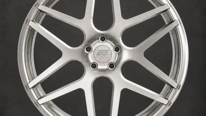 BE1-CM6 monoblock forged wheel — brushed silver front view