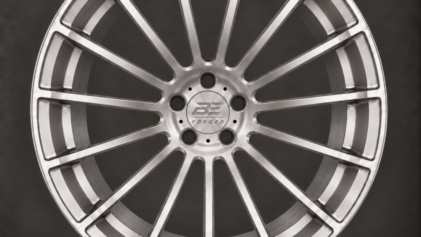 BE1-CS15 monoblock forged wheel, front view, brushed silver finish with BE FORGED center cap