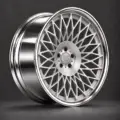 BE2-LXME bespoke multi-piece forged wheel, brushed silver face and polished lip, three-quarter view